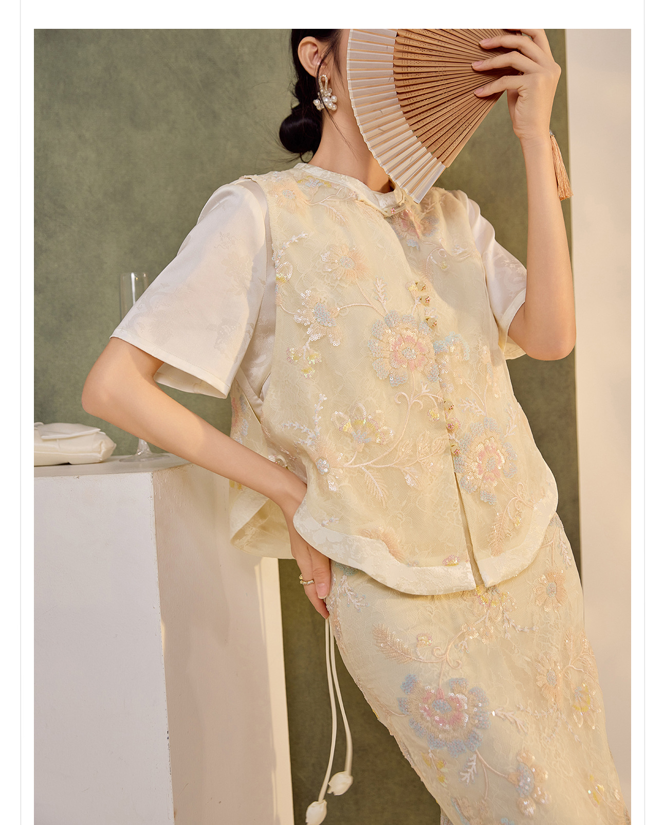 Bộ áo vest và váy nữ phong cách Trung Hoa thêu hoa văn nặng, nút tua rua ZX N5035 — Váy nửa, Áo gilê chi tiết 15