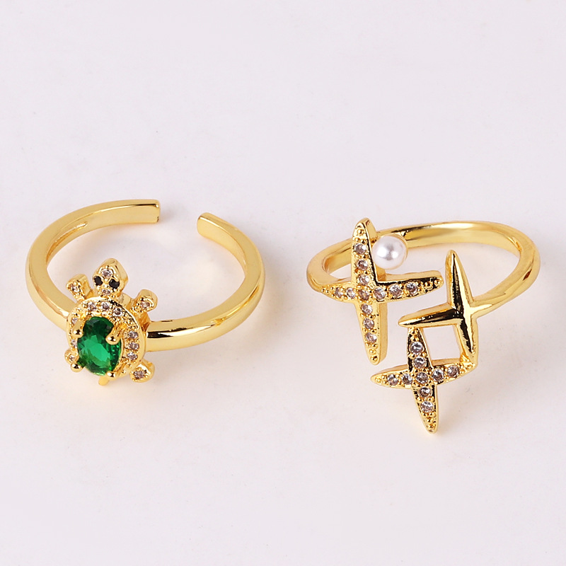 Simple Style Streetwear Tortoise Star Copper Inlay Zircon Open Rings display picture 4