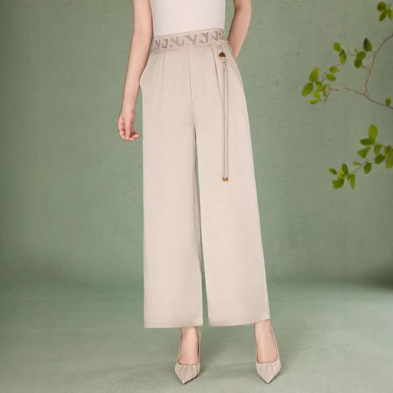New Chinese-Style Tie-Waist Mom-Style Pants for Spring and Summer, Wide-Leg Pants with a Vintage Vibe, Loose Fit, Plus-Size Women's Pants for Middle-Aged and Elderly Women