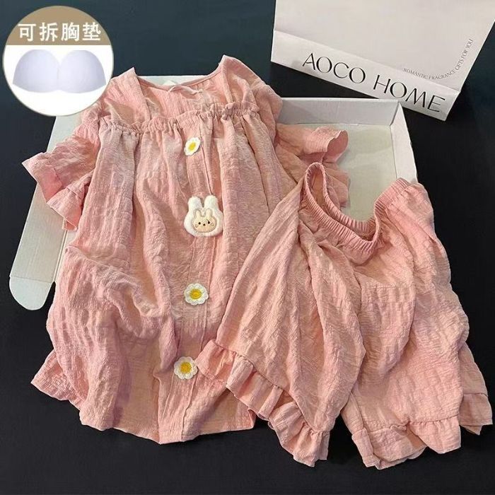 Venta al por mayor transfronteriza de verano con almohadilla para el pecho pijamas de algodón de nube pantalones cortos de manga corta para mujer estilo palacio conejo color sólido traje de servicio a domicilio
