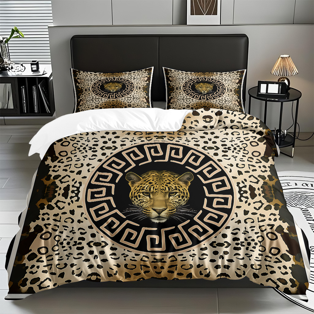 TEMU / JIT comercio exterior textil doméstico transfronterizo impresión digital de leopardo de alta definición colcha de colcha de almohada kit de ropa de cama para hacer dibujos
