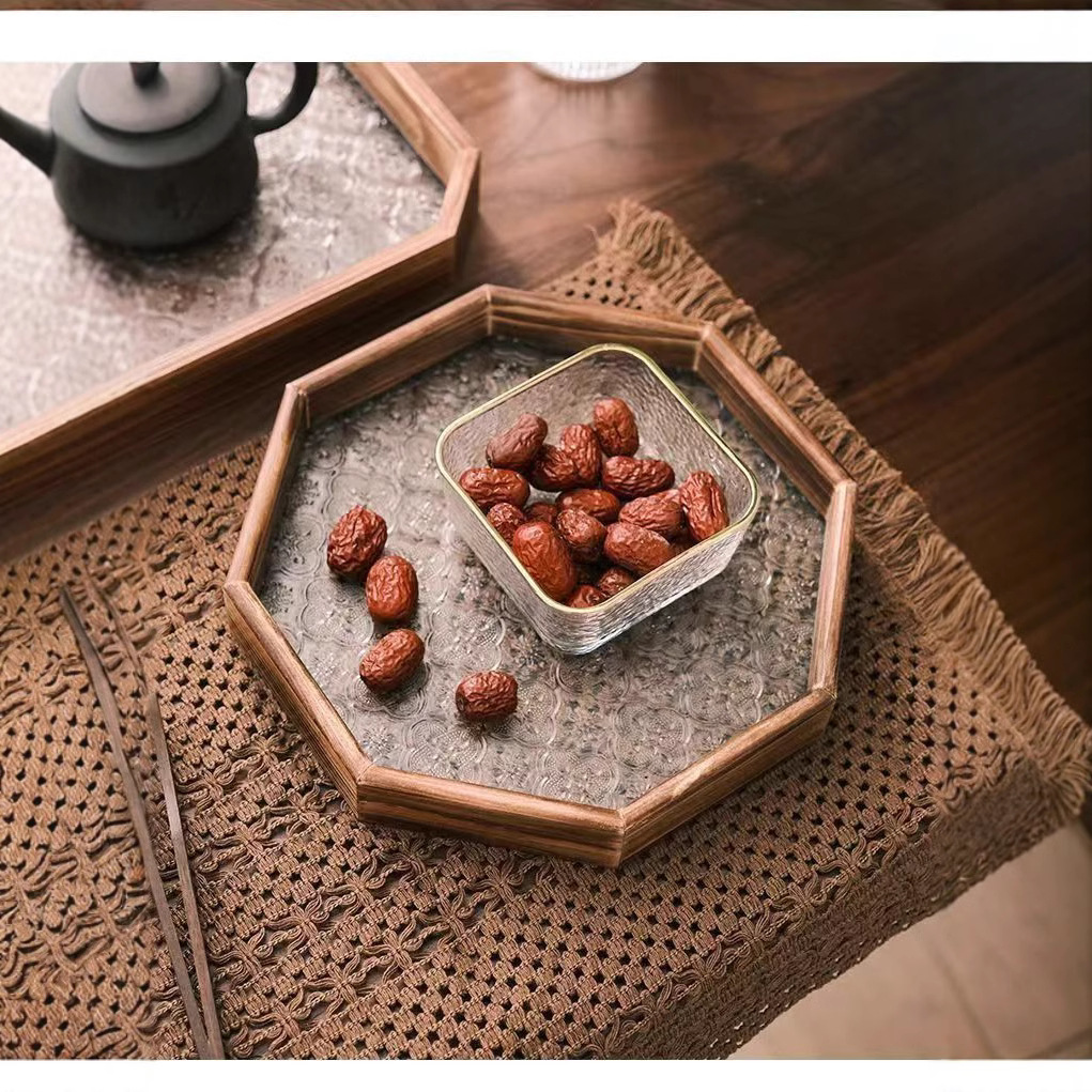Luz de lujo retro bandeja octagonal sala de estar mesa de vidrio platos de taza de madera para el hogar bandeja de té