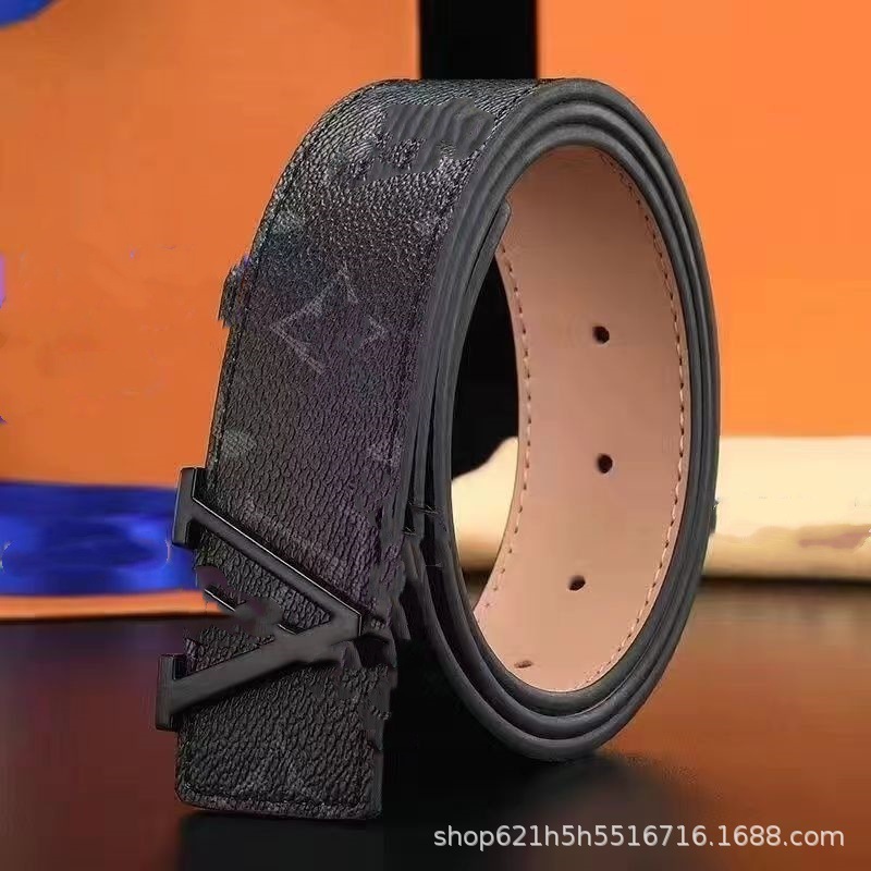 经典款男士老花金扣黑花黑扣真皮牛皮商务腰带高颜值V字母扣皮带|undefined