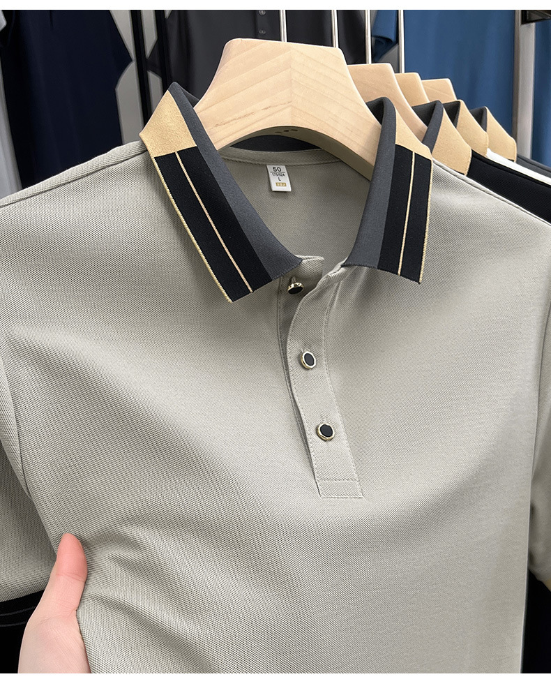 Men's Summer New Short-Sleeve Turn-Down Collar Youth Ice Silk High-End Fashionable Versatile T-Shirt_viptrois.com