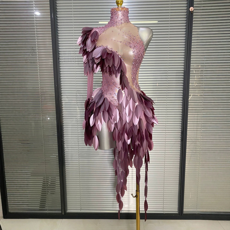 European and American cross-border purple rhinestone stage performance dress, nightclub mesh feather one-shoulder bodycon short skirt sexy dress European and American cross-border purple rhinestone stage performance dress, nightclub mesh feather one-shoulder bodycon short skirt sexy dress