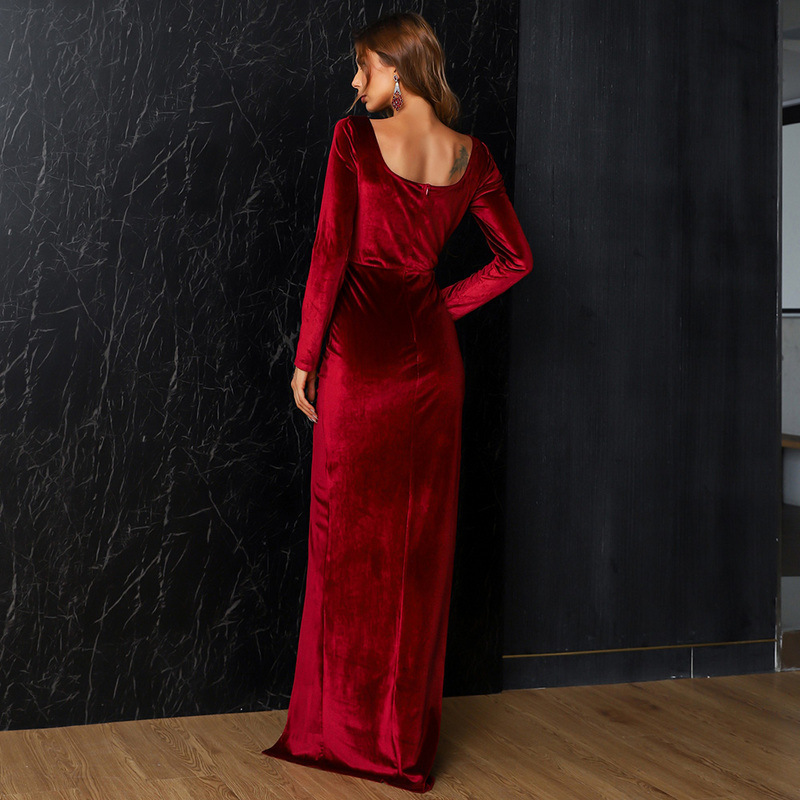 pure color long-sleeved v-neck slit evening dress nihaostyles wholesale clothing NSKAN87374