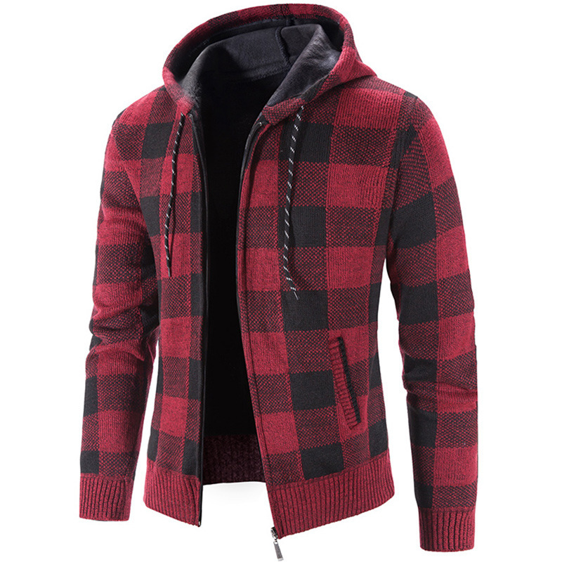 Nuevo cárdigan de hombre para otoño e invierno, suéter tejido grueso con capucha y cremallera, chaqueta a cuadros para hombre.