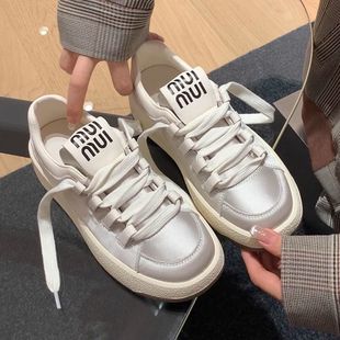 Niche Small Fragrant Rose Gold Satin Sneakers for Women 2024 Spring and Summer Thick-soled Splicing Silk Casual Versatile White Shoes