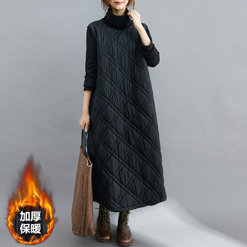Quilted Thickened Over-The-Knee Long Base Dress 2026 Winter New Plus-Size Women's High-Neck Age-Reducing Dress