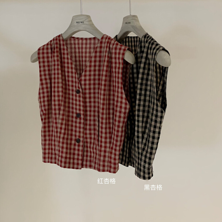 WGWE Vintage Chaleco a cuadros para mujer 2025 verano nuevo sentido del diseño chaleco sin mangas de pellizco francés camisa pequeña