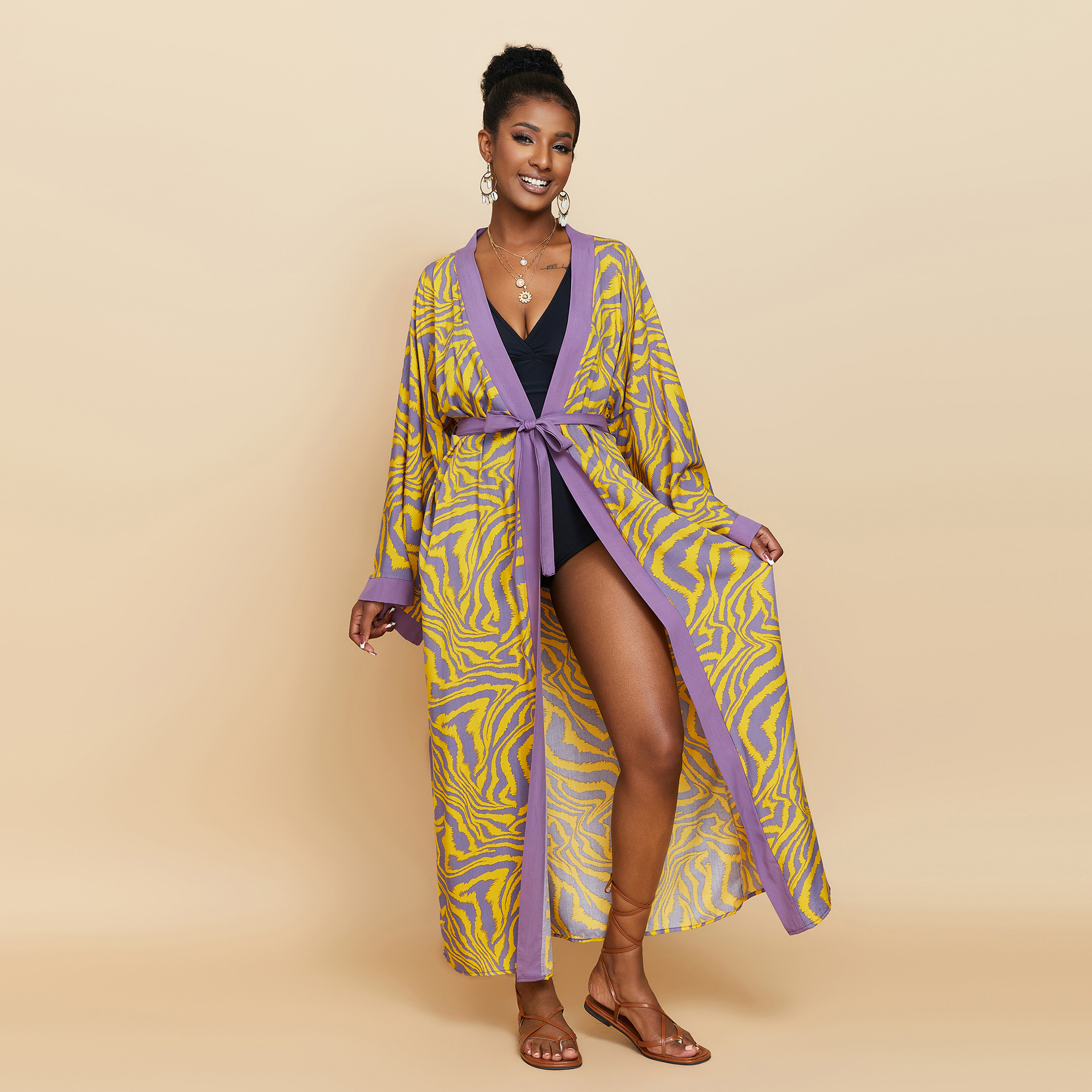 Women's Flowy Cover Up Kimono Beach Dress With Exotic Prints Lightweight Linen Feel Fabric For Pool, Vacation, Boho Outfit_ecoleips.com