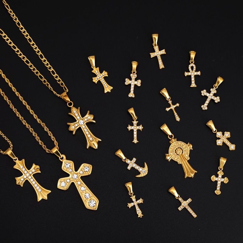 European and American Retro Super Flash Full Diamond Cross Pendant Diamond Single Pendant DIY Necklace Accessories Stainless Steel Polished