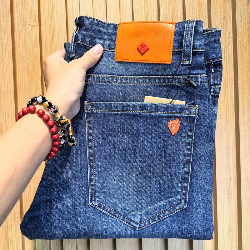Aimas Orange High-End European Men's Jeans Blue Four-Season Stretch Washed Slim Straight Casual Men's Trousers