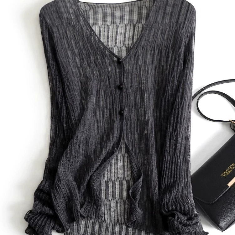 设计感慵懒风黑色冰丝v领镂空罩衫防晒开衫女夏季薄款外搭针织衫