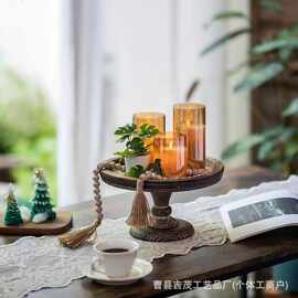 美式复古木质圆形托盘桌面高脚点心甜品盘摆台式氛围感装饰托盘