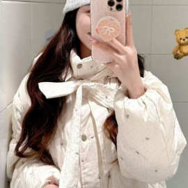 甜美学院风波点爱心印花外套羽绒女冬季新款蝴蝶结连帽百搭面包服