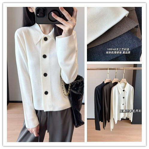 高端巴素兰羊毛正肩POLO领翻领衬衫上衣长袖针织开衫衬衣外套女秋