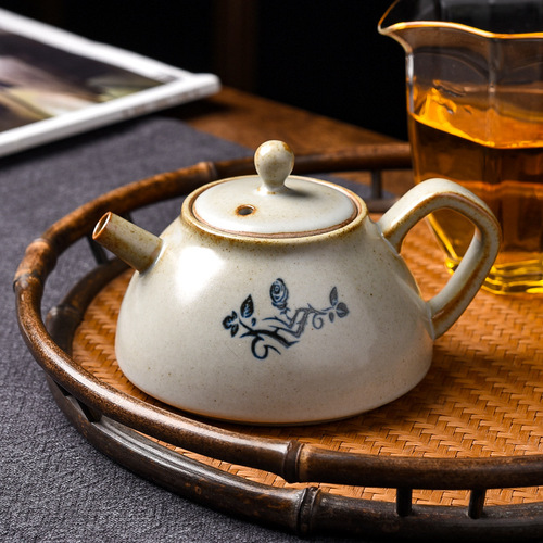 Grass and wood ash creative Tenghua teapot household ceramic retro teapot Kung Fu tea set divided teapot single pot lifting beam teapot