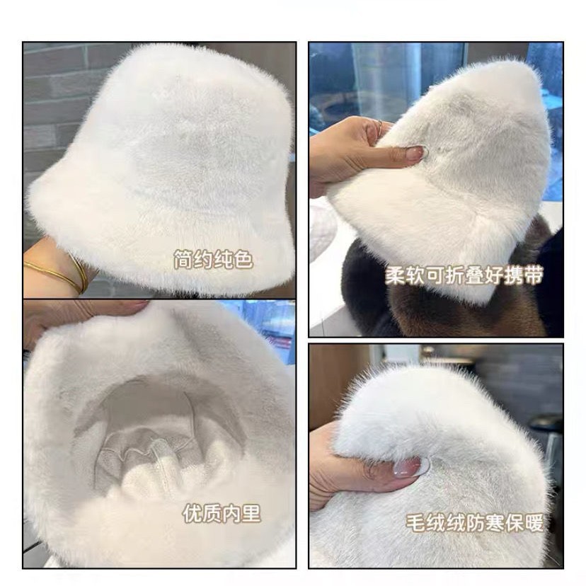 Sombrero de lana para mujeres otoño invierno frío blanco sombrero caliente sombrero noreste sombrero de cuenca sombrero protector de orejas mostrando cara pequeño sombrero de pescador peluche
