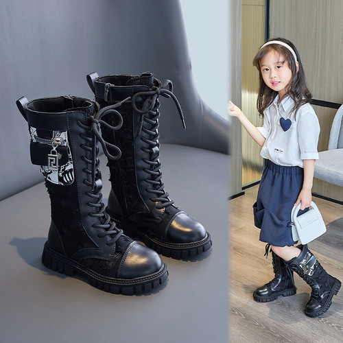 Trendy girls' boots autumn and winter single boots children's mid-high boots new Korean style canvas school bag British style