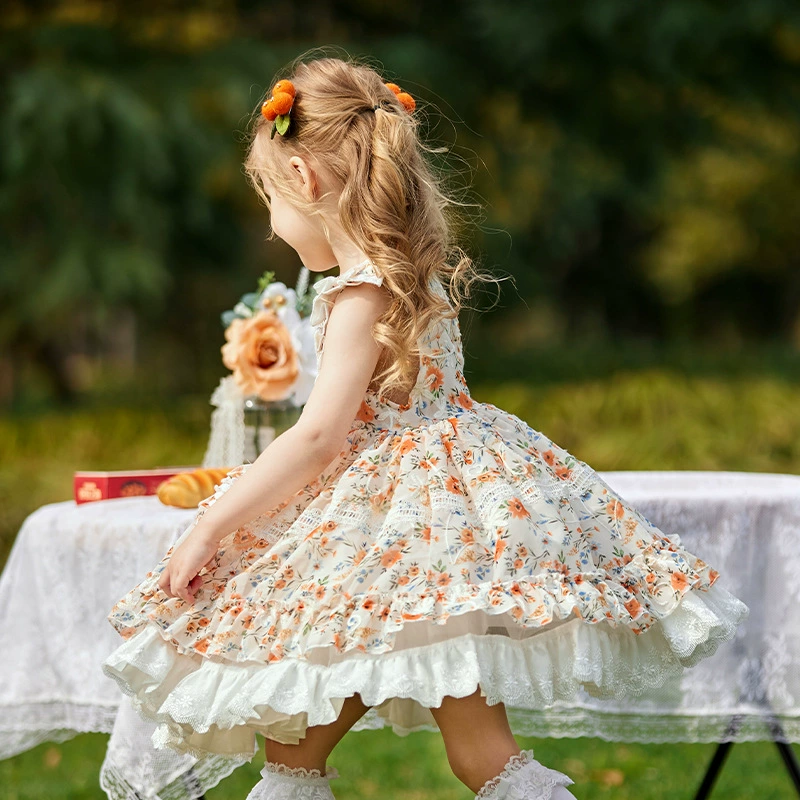 Летнее безрукавное платье, юбка для девочек, маленькая принцесса костюм, стиль Лолита, цветочный принт, с вышивкой