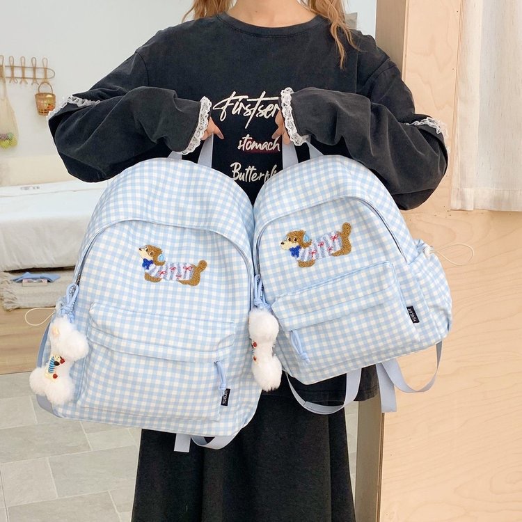 한국어 버전 만화 귀여운 닥스훈트 배낭 가방 여성 대용량 대학 스타일 학생 가방 다목적 격자 무늬 배낭