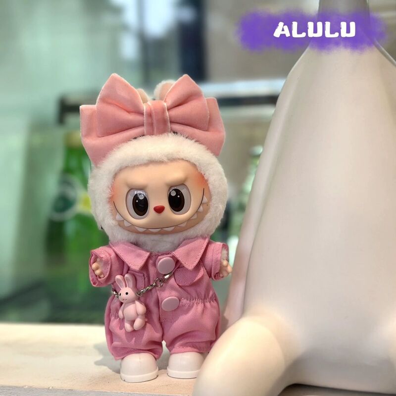 かわいいウサギ labubu 第一世代、第二世代、第三世代ベビー服ピンクリボンスーツ 17 センチメートル座りパーティーオーバーオールジャンプスーツ|undefined