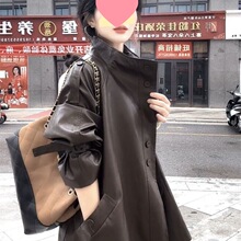 2025秋季网红新款中长款皮U风衣外套女高级感气质立领显瘦皮大衣