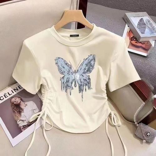 Women's Apricot Short-Sleeve T-Shirt Summer Style for Girls and Big Kids with Drawstring Design, Star Print Graphic Top Trendy