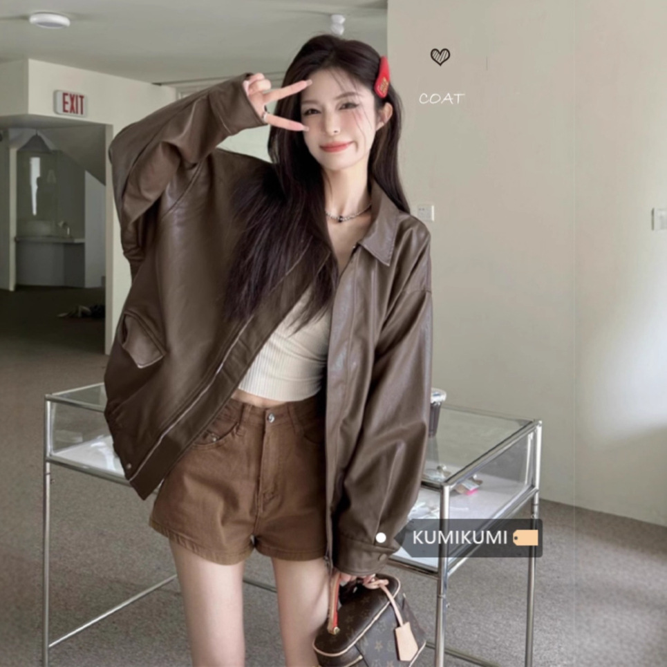 Retro American Coffee Leather Jacket Women's Autum Black Sweet Cool Motorcycle Pu Leather Loose Long-Sleeved Top