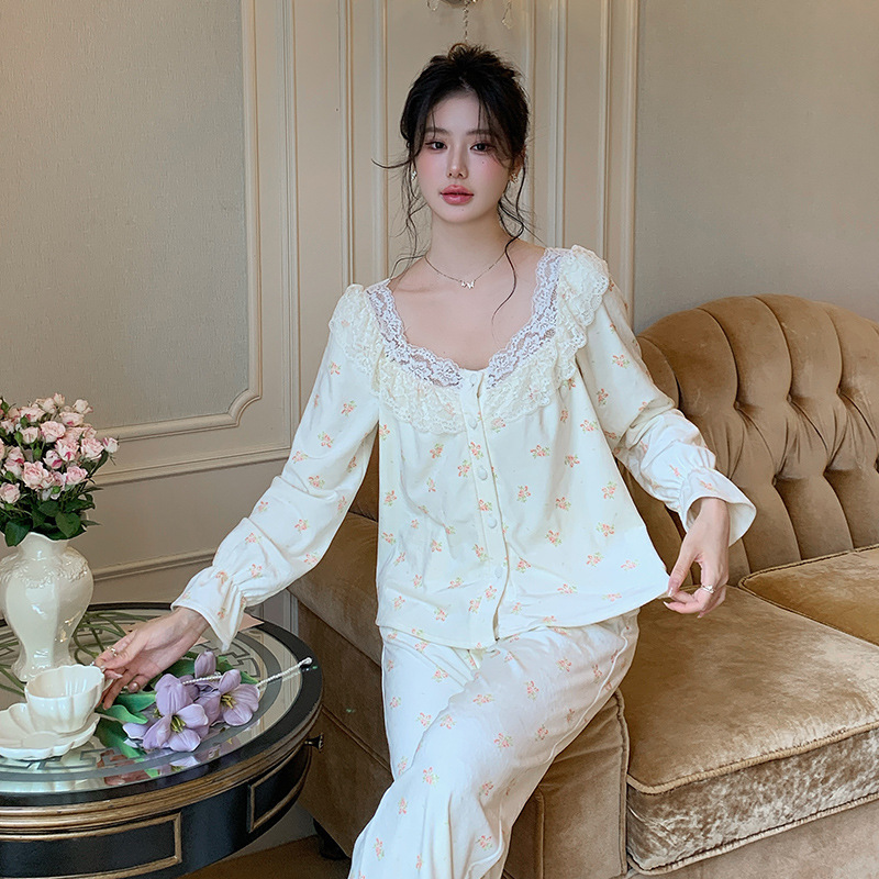 法式睡衣新品冬长袖长裤水貂绒套装甜美可爱印花睡衣家居服可外穿|undefined