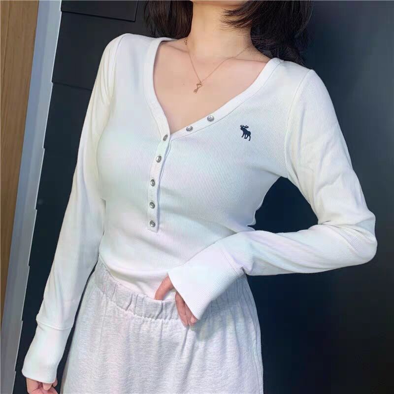Absolutely&Friend2026 Spring New Style A&F American-Style Solid Color Long-Sleeved T-Shirt Slim Fit V-Neck Bottoming Shirt for Women Absolutely&Friend2026 Spring New Style A&F American-Style Solid Color Long-Sleeved T-Shirt Slim Fit V-Neck Bottoming Shirt for Women