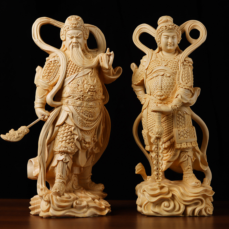 关公珈蓝韦陀尊者左右护法神像摆件桧木雕刻家居装饰品实木工艺品