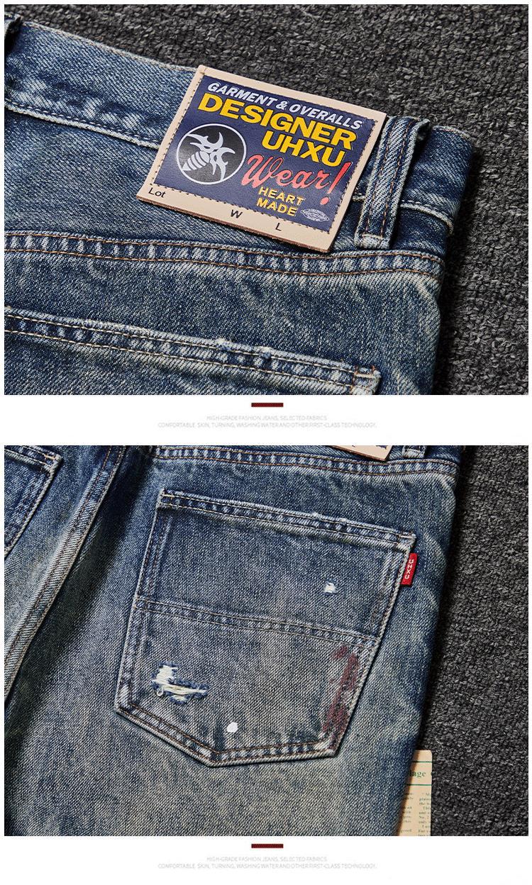 ​​Men's Premium Heavyweight Vintage Jeans – Streetwear Distressed Washed Denim Pants, Relaxed Straight-Leg Fit, Light Blue​​_mkmklike.com