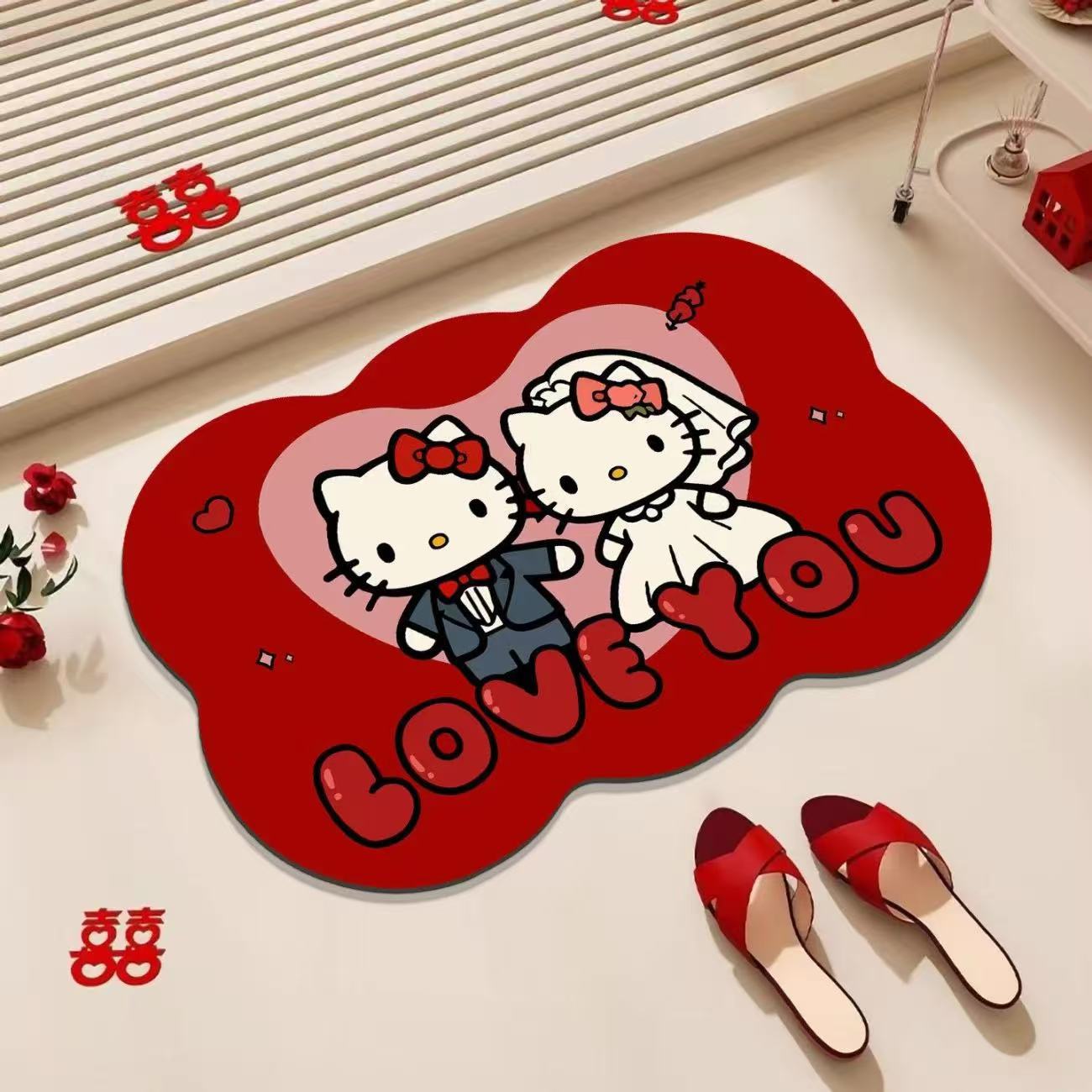 Cartoon festive diatomite floor mat for wedding bathroom, water-absorbent and non-slip, red "happy" character mat for wedding room decoration
