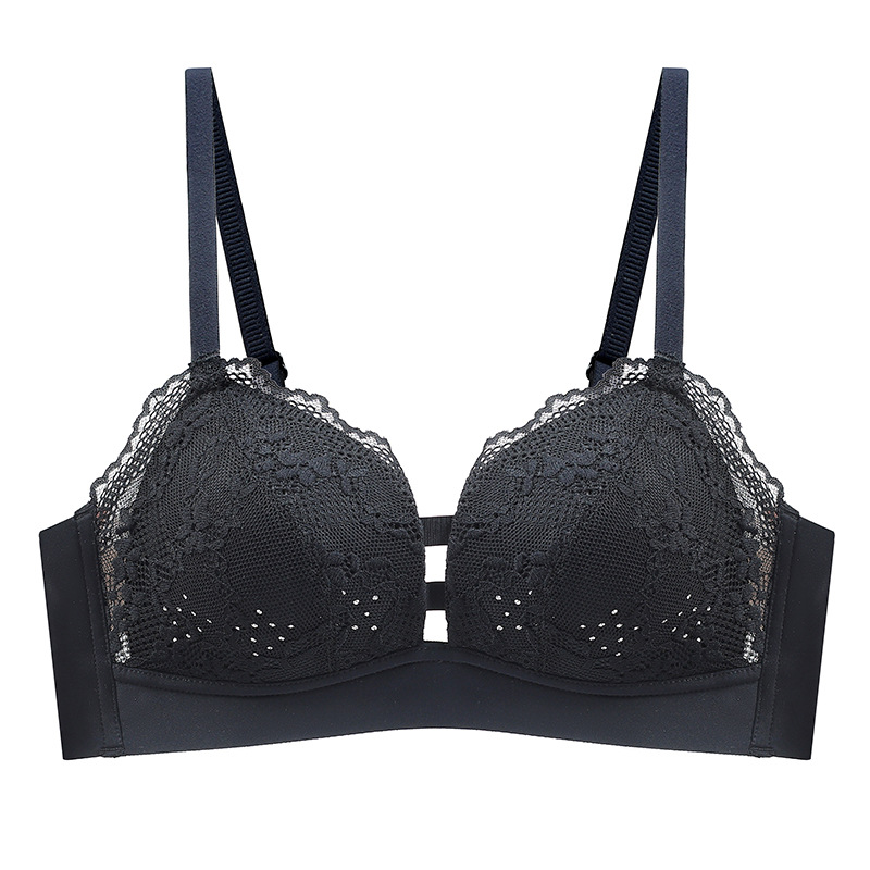 Encaje de las mujeres delgada transpirable agujero taza grande pecho y pequeño sujetador sin anillo de acero empuja hacia arriba la ropa interior del sujetador