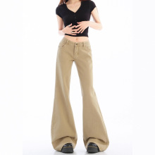 加绒裤子女款厚款冬卡其色微喇牛仔裤女款小个子牛仔微喇裤女低腰