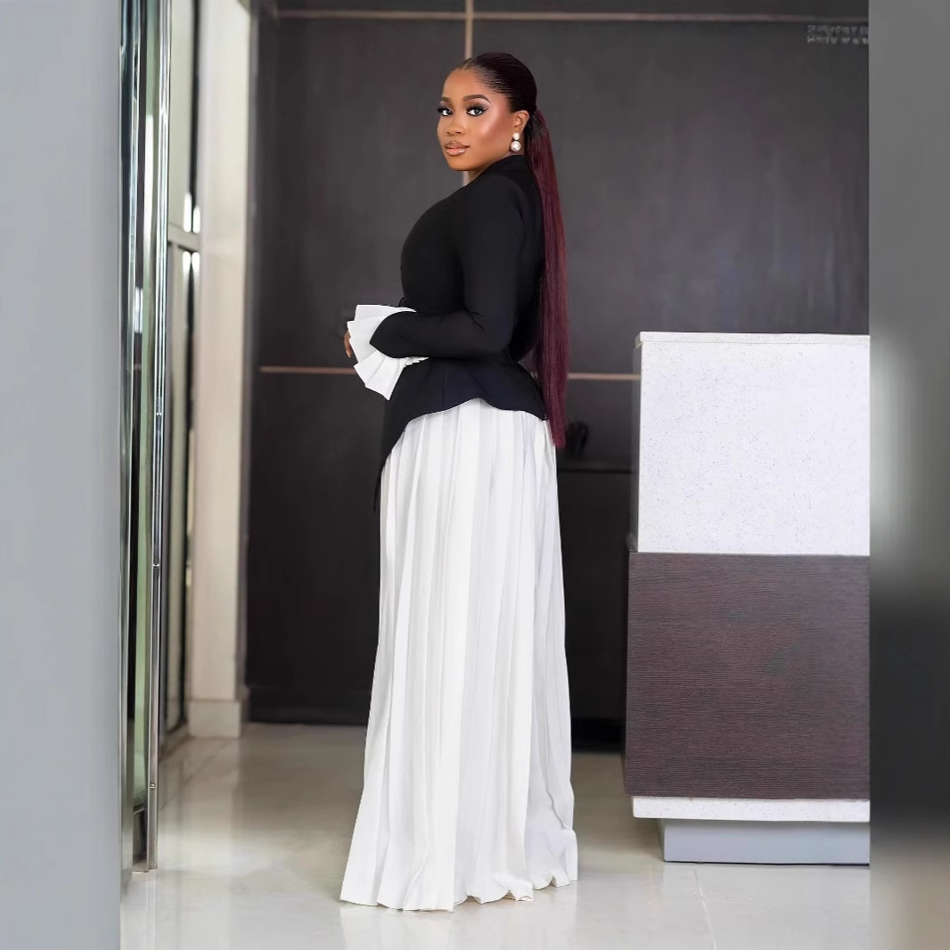 Women's Clothing spring and summer black large size fashion flared sleeve top & pleated pants suit_voghion.com