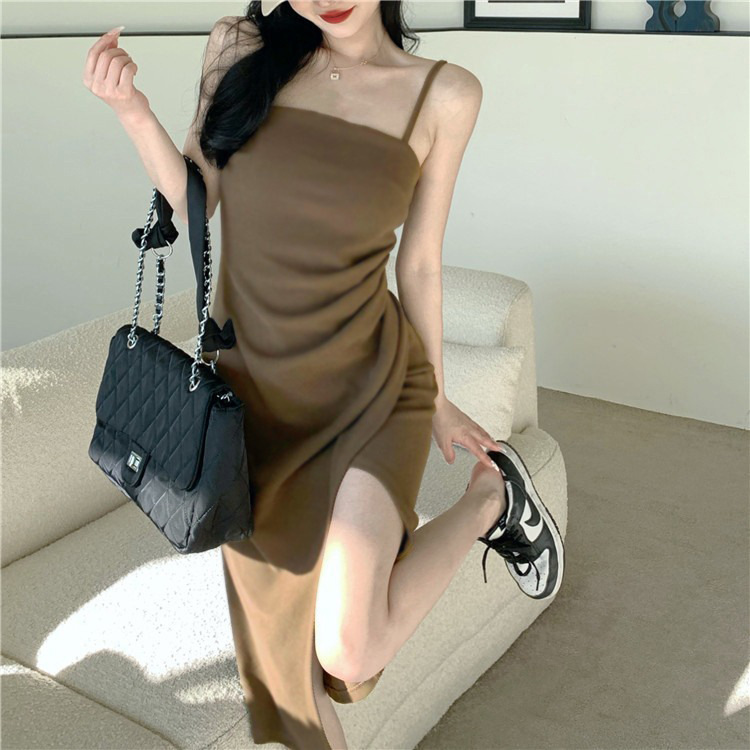 2025년 신상품 크로스보더 퓨어디자이너 스타일 라이트 매튜 심플 여름 슬링 슬릿 플리츠 원피스 기질 미디엄 렝스 스커트 여성용