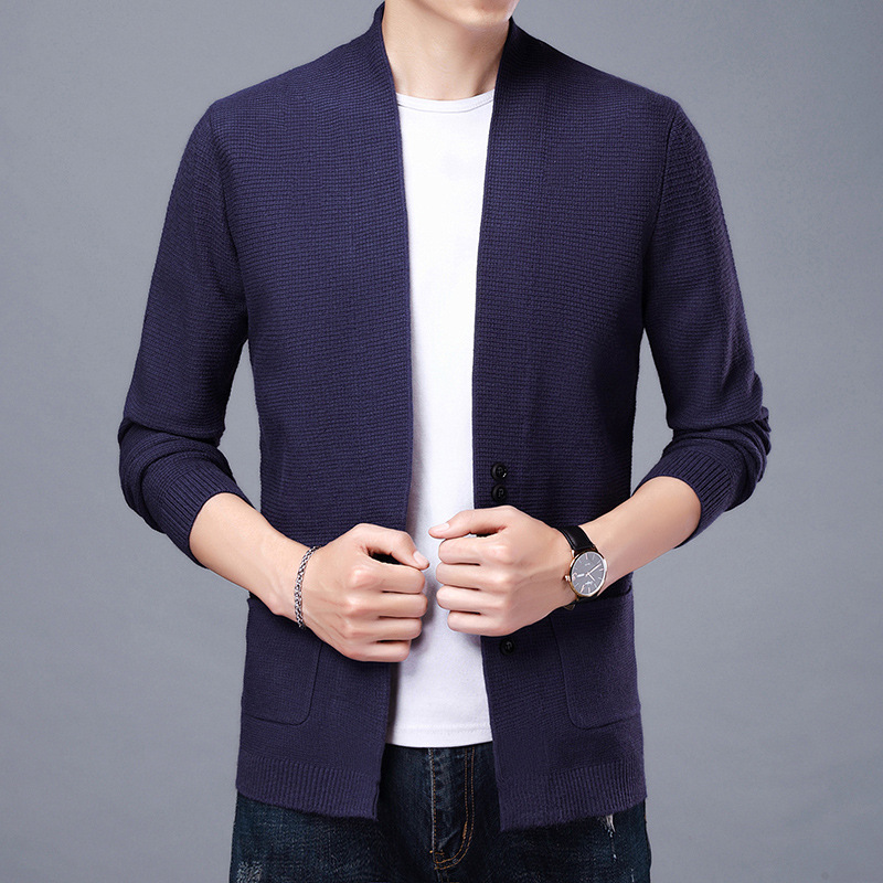 Primavera y otoño nuevos hombres suéter moda color sólido suéter cardigan de manga larga de punto casual chaqueta de los hombres al por mayor