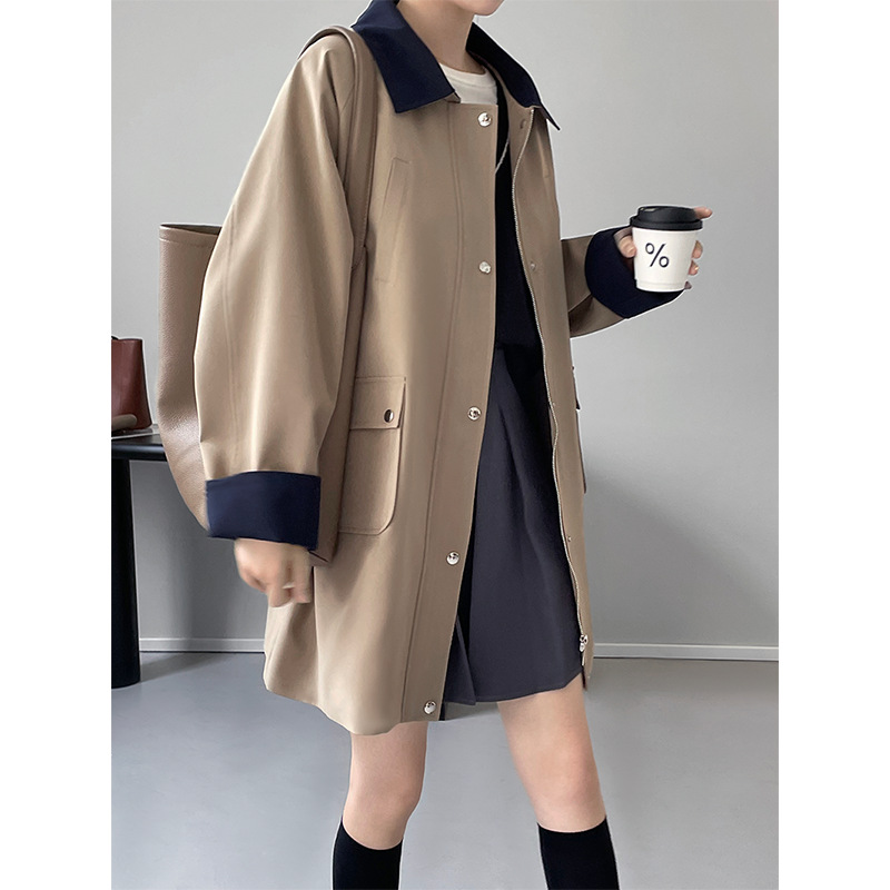 Taochuan Patchwork Trench Coat for Women, Petite Size, Loose Mid-Length Coat 2150, Lapel Design, Large Lapel