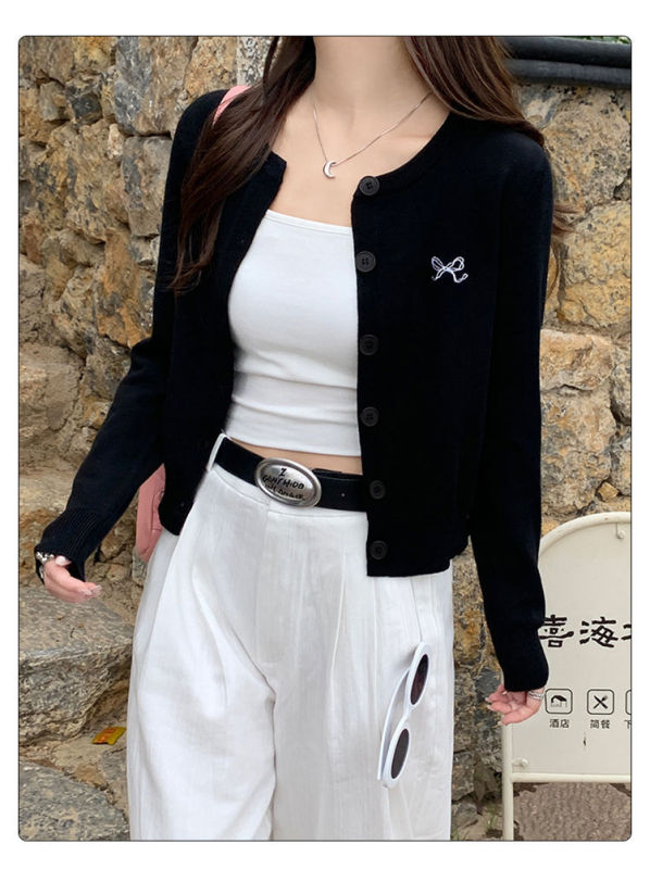 韩系减龄蝴蝶结刺绣针织开衫女早春黄色穿搭温柔绝美紫色短款上衣|undefined