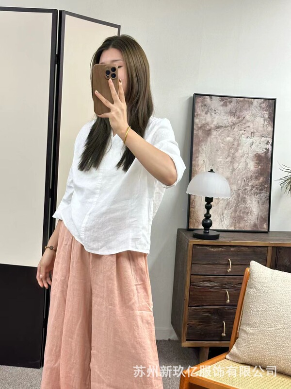 亚麻T恤衫女2025秋季新款纯色简约百搭长袖V领宽松小衫上衣|undefined