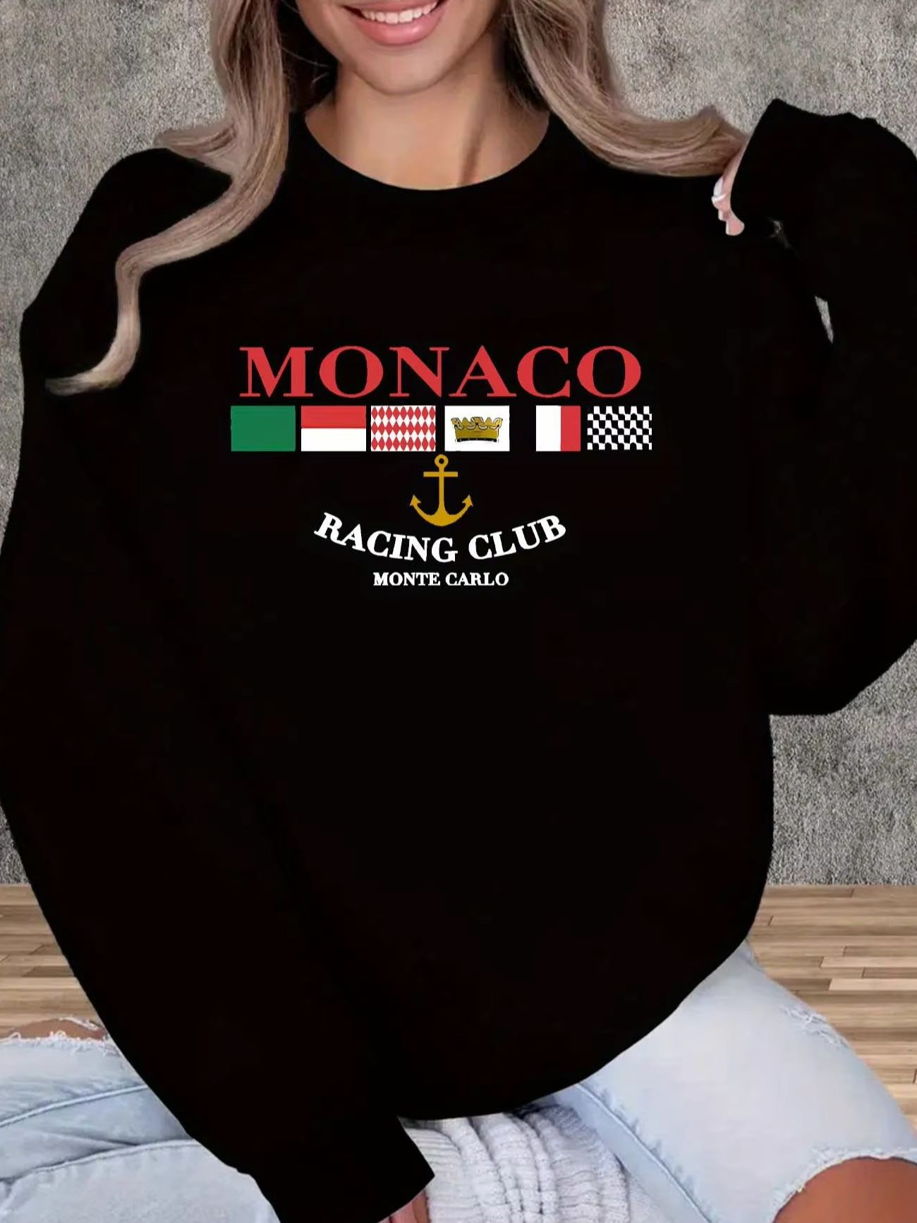 Women’s Monaco Print Casual Crew Neck Sweatshirt Pullover_voghion.com