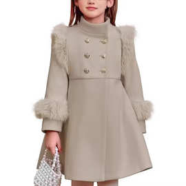 女孩立领人造毛皮礼服大衣儿童冬季保暖外套长袖纽扣羊毛呢大衣