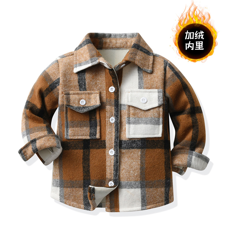 Invierno coreano para niños con chaqueta de manga larga a cuadrillas de terciopelo nuevo con collar de hebilla de una sola fila molido calentamiento cardigan para niños