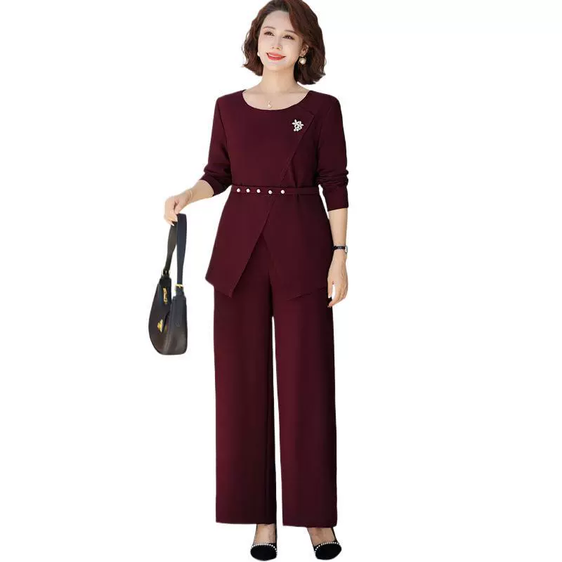 妈妈款秋装洋气酒红色套装2025新款中老年女喜婆婆婚宴礼服两件套