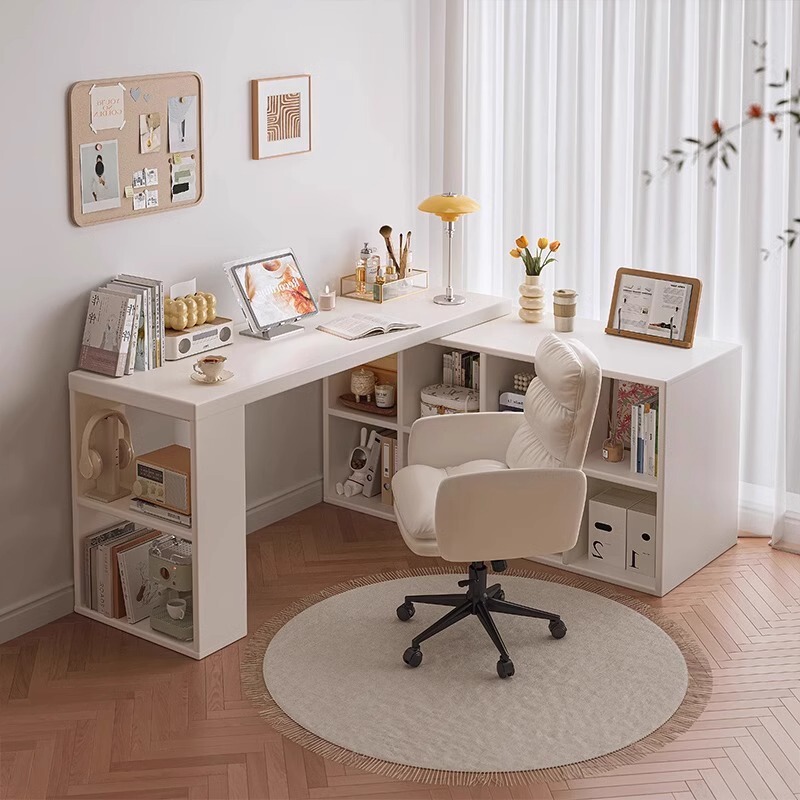 Corner Desk Home Study Table Bedroom Girl's Dressing Table Bookcase Integrated L-shaped Solid Wood Corner Computer Table