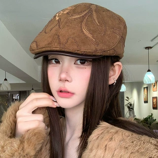 美拉德刺绣前进帽子女秋冬季复古百搭显脸小鸭舌帽时尚贝雷画家帽