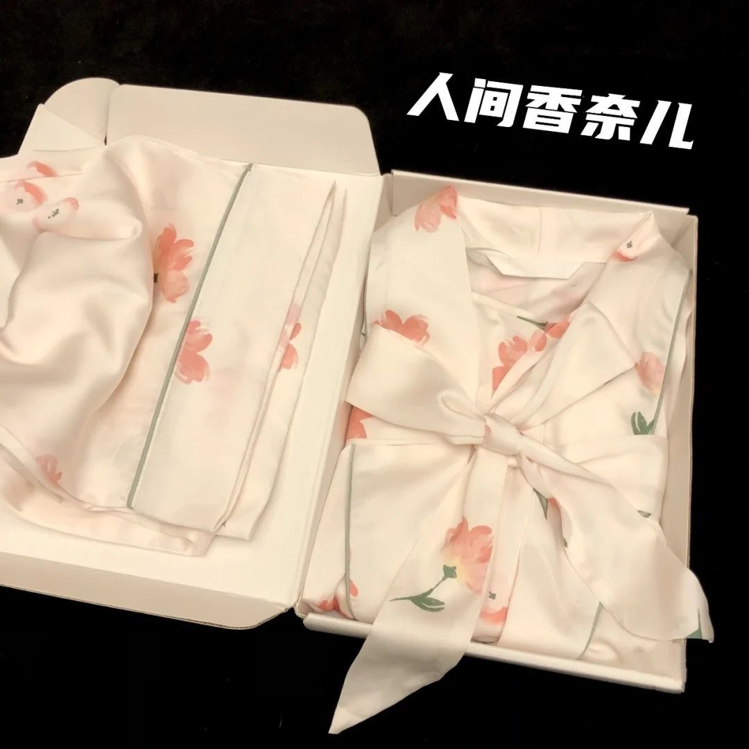 재고 봄과 가을 모조 실크 아이스 실크 파자마 여성용 긴 소매 바지 카디건 홈 의류 세트
